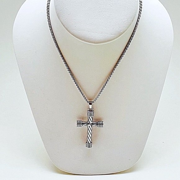 Stainless Steel Spiral Unisex 2” Cross Round Box Chain & Gift Box Included - Picture 3 of 7